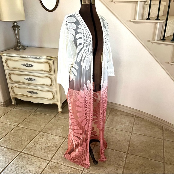 Meri Skye Womens Size 4X / 5X Ivory Pink Lace Ombre Duster Coverup Longline Boho - Picture 4 of 11